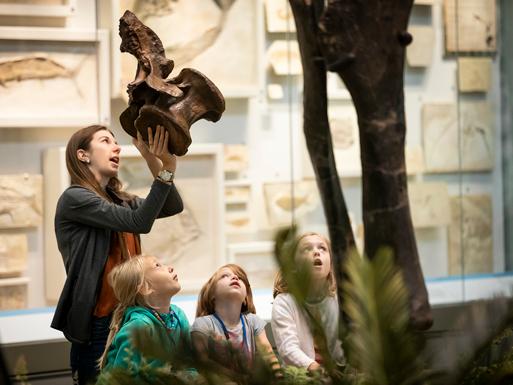Children marvel at a dinosaur bone