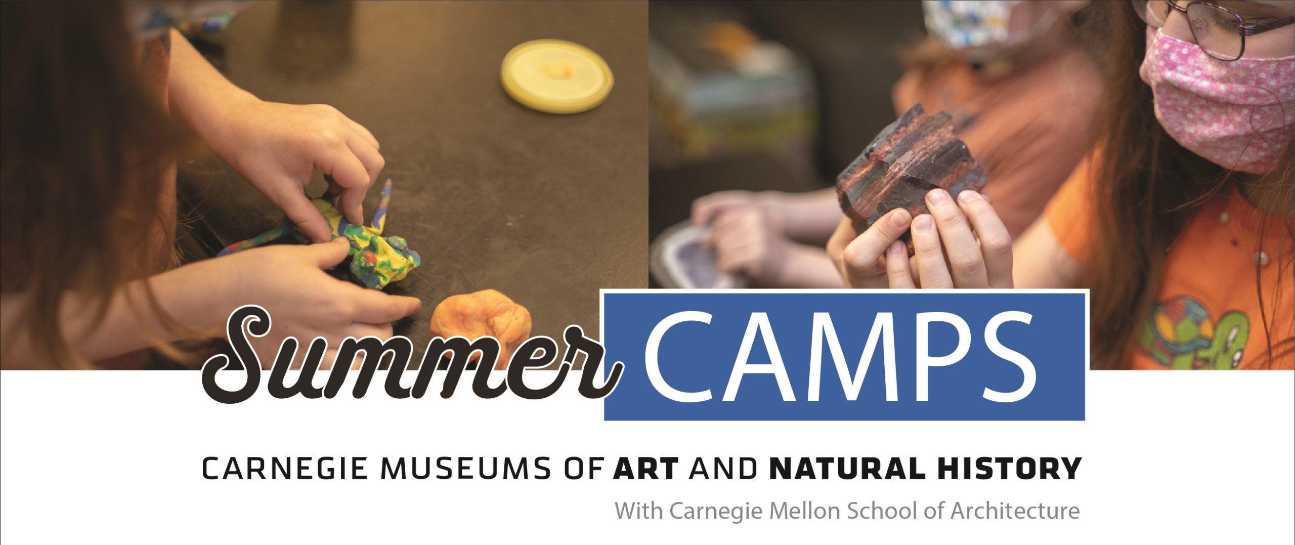 Graphic banner with photos of happy kids and text that reads “Summer Camps, Carnegie Museums of Art and Natural History with Carnegie Mellon School of Architecture.”