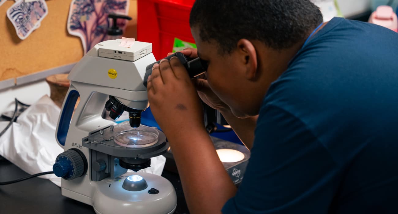 child looking through a microscope