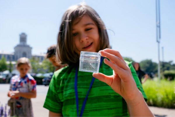 child posing with bug in a clear box