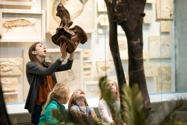 teacher holding dinosaur pelvis in front of children